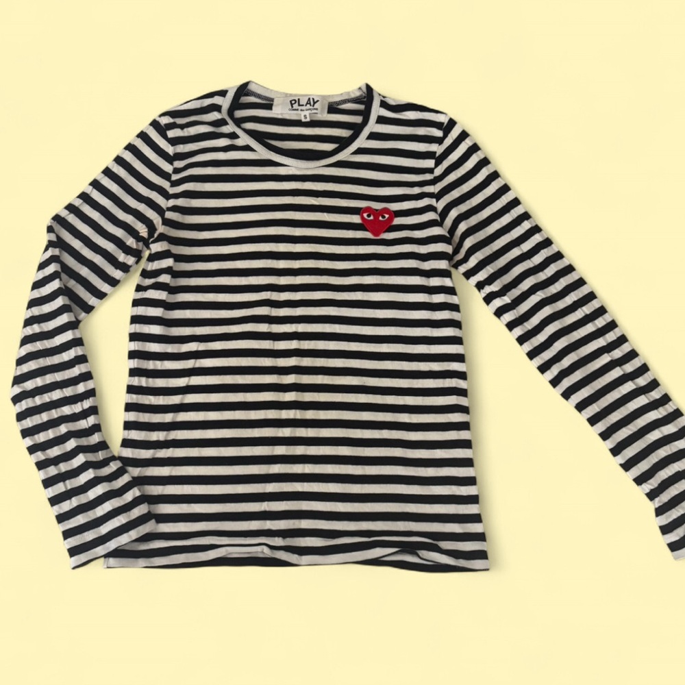 Comme des Garcons PLAY Black and White Striped Long Sleeve with Red Heart